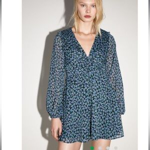 ZARA FLORAL DRESS BALLOON SLEEVES BLUE MEDIUM NWT